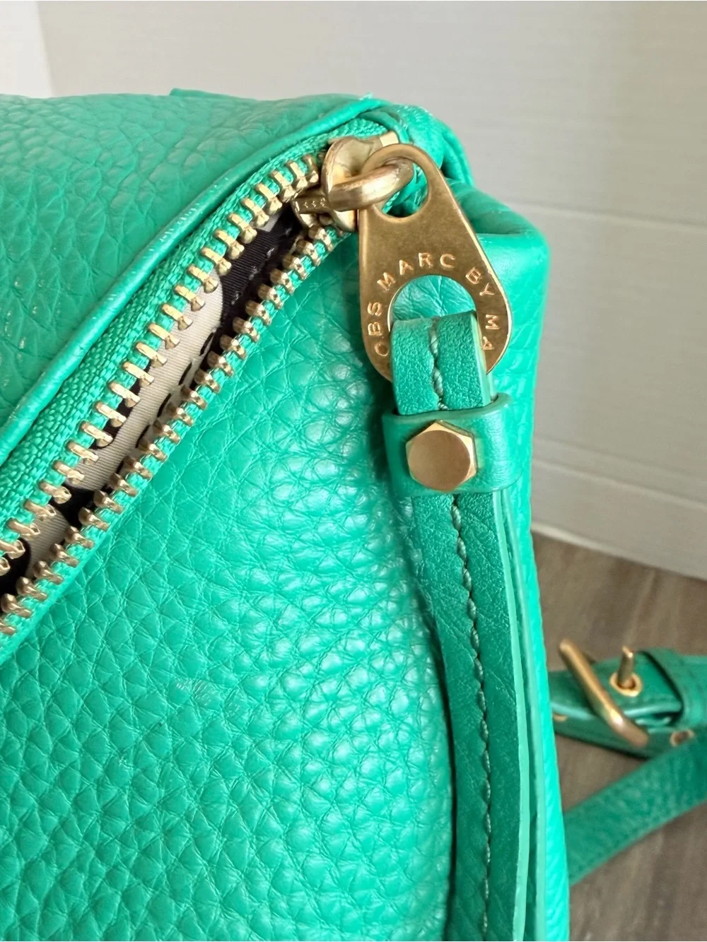 Marc Jacobs Green Pebbled Leather Backpack Top Handle Bag with Gold Plate Zip